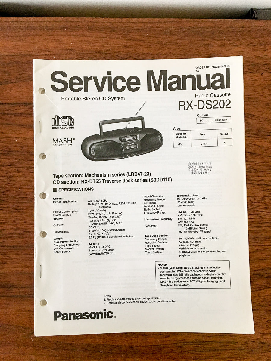 Panasonic RX-DS202 Radio Cassette Service Manual *Original*