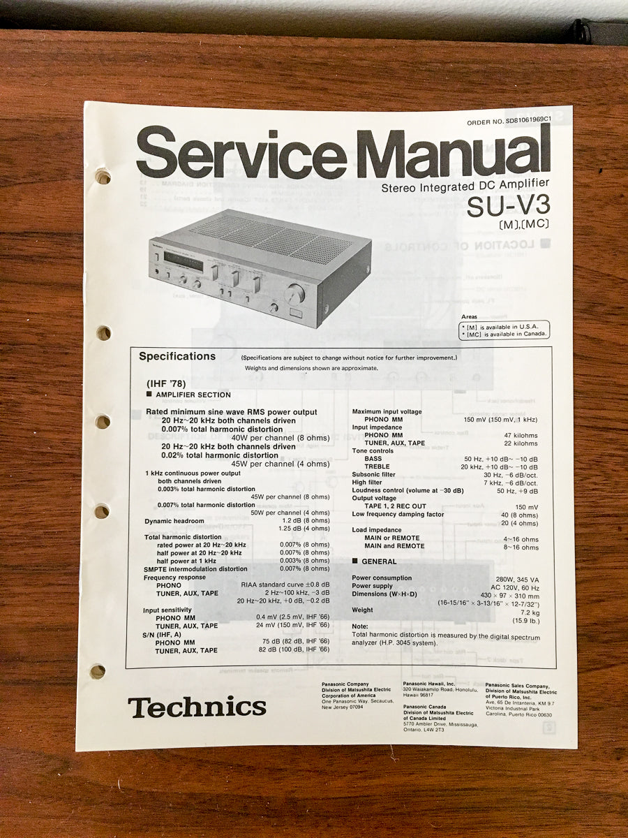 Technics SU-V3 Amplifier Service Manual *Original*