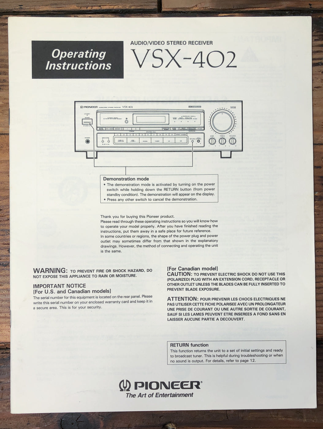 Pioneer VSX-402 Receiver Owners / User Manual *Original*