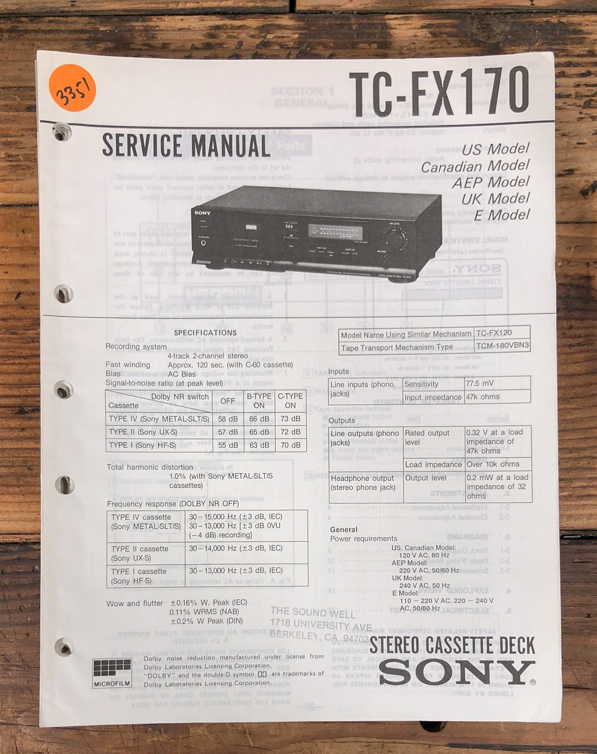 Sony TC-FX170 Cassette Service Manual *Original*