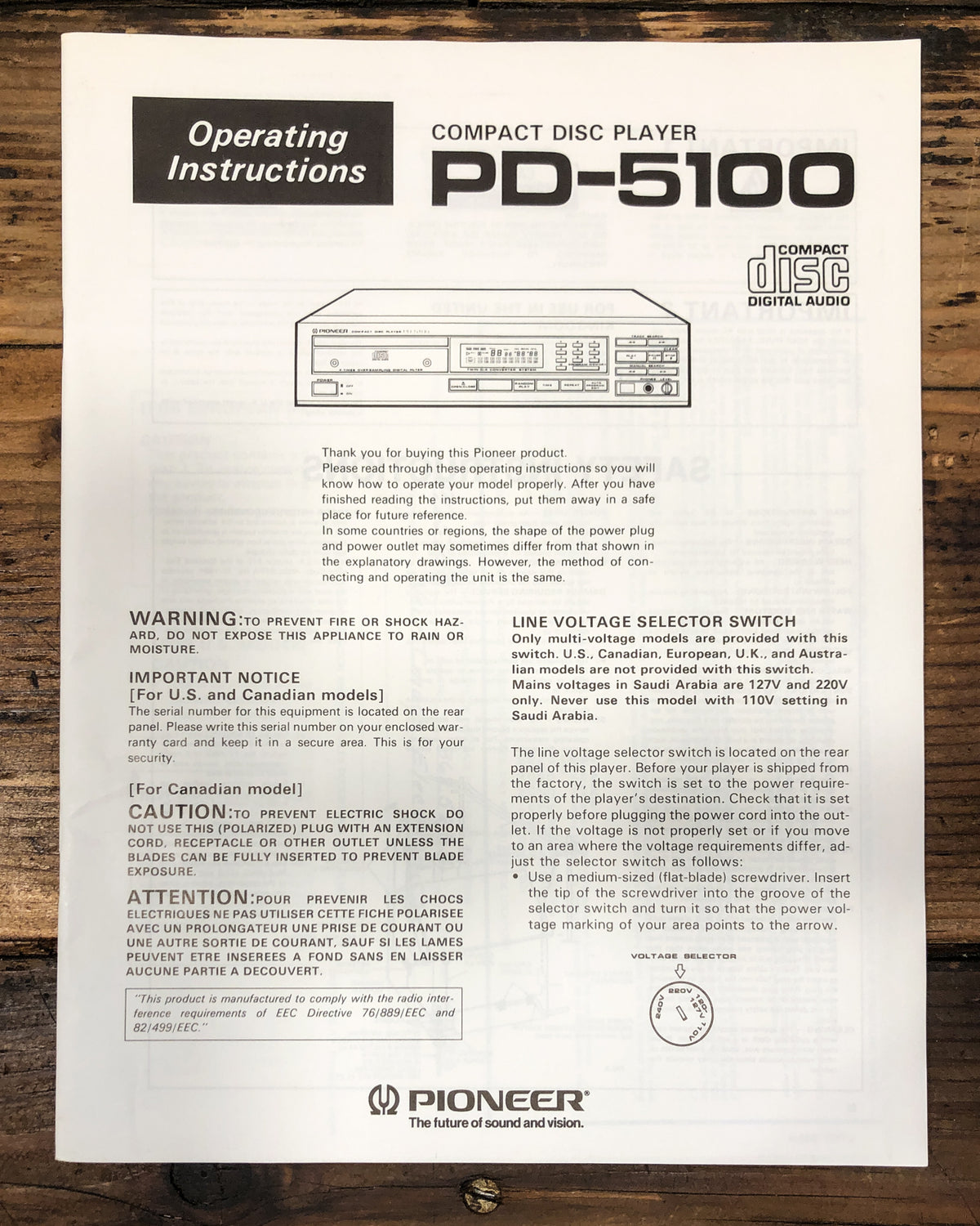 Pioneer PD-5100 CD Player Owners / User Manual *Original*