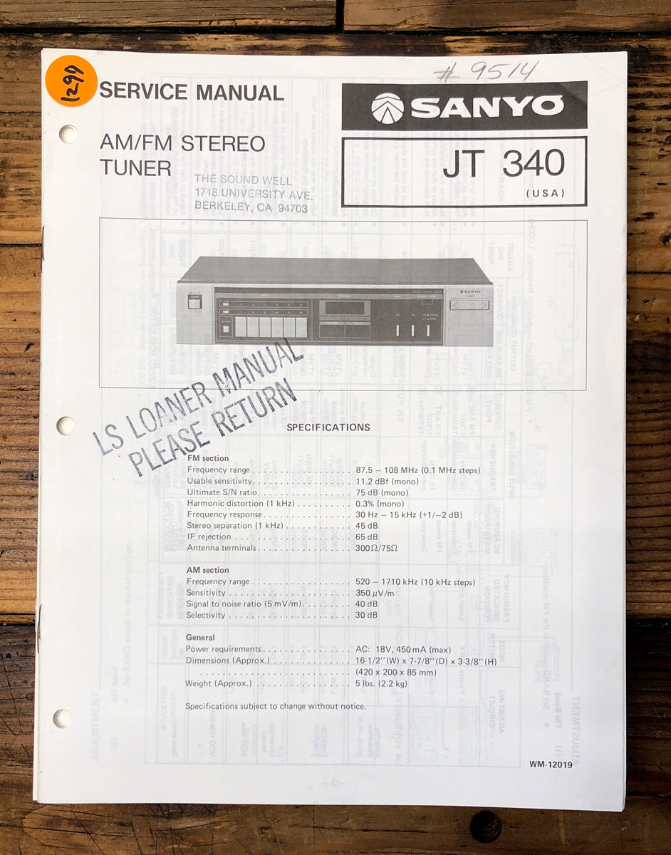 Sanyo JT340 JT-340 Tuner Service Manual *Original*