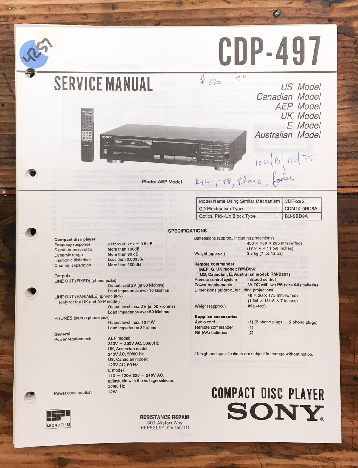 Sony CDP-497 CD Player Service Manual *Original*