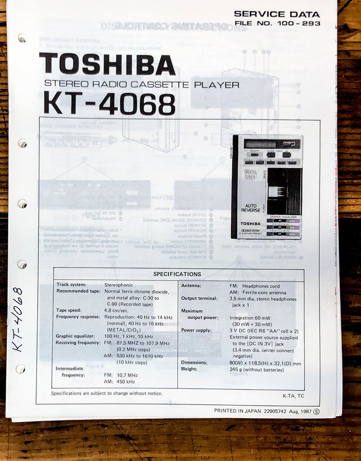Toshiba Model KT-4068 Cassette Service Manual *Original*