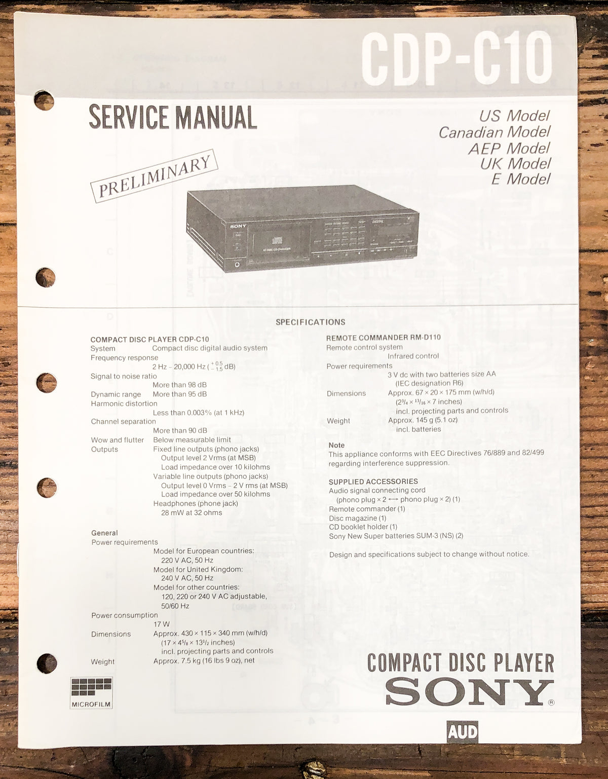 Sony CDP-C10 CD Player Prelim. Service Manual *Original*