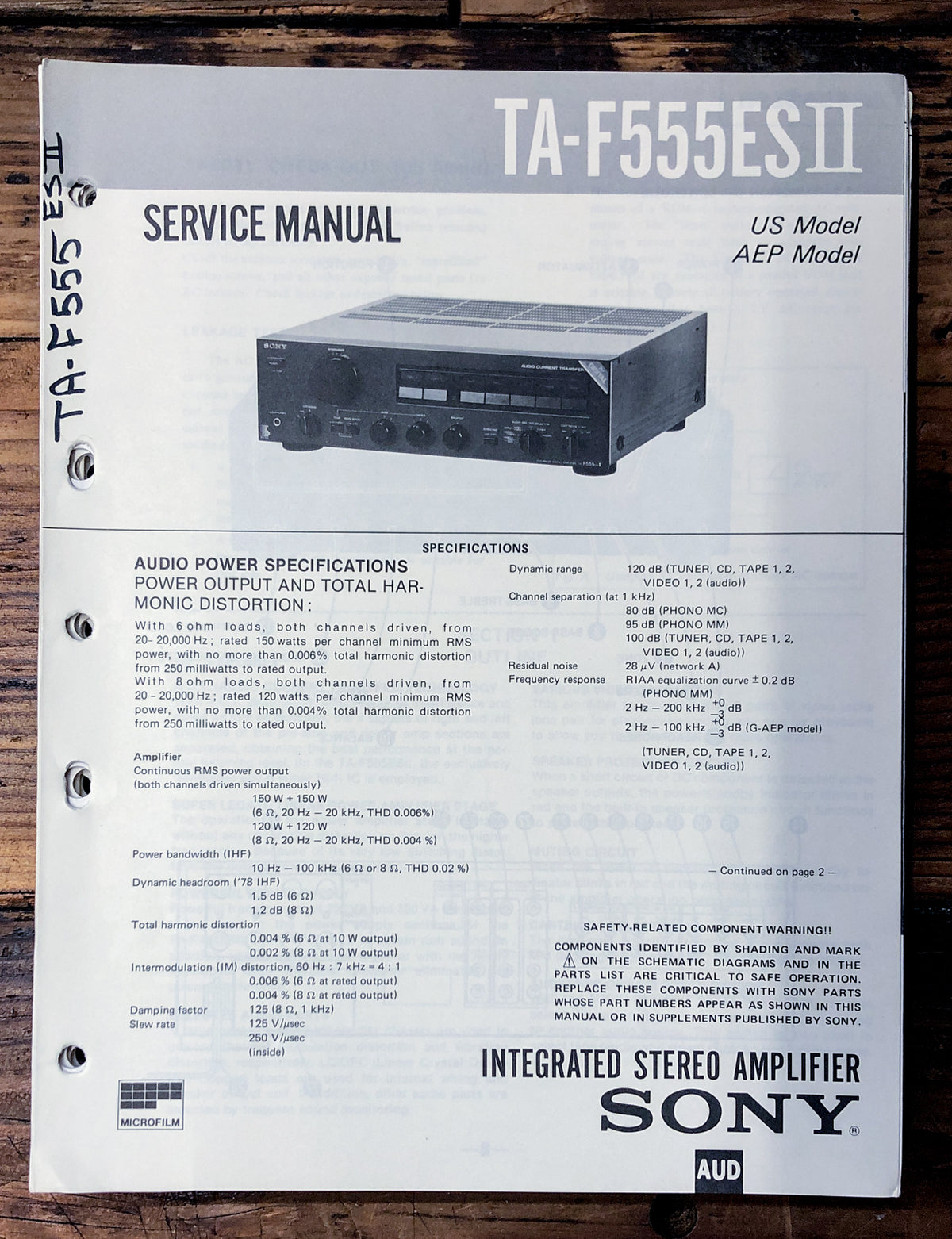 Sony TA-F555ES II Amplifier Service Manual *Original*