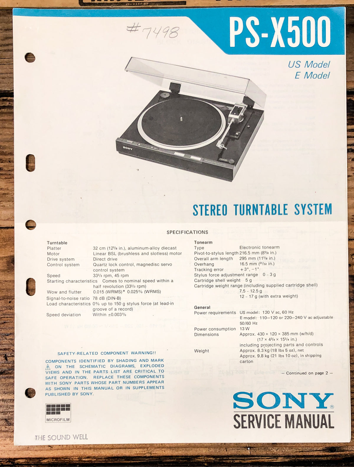 Sony PS-X500 Record Player / Turntable Service Manual *Original*