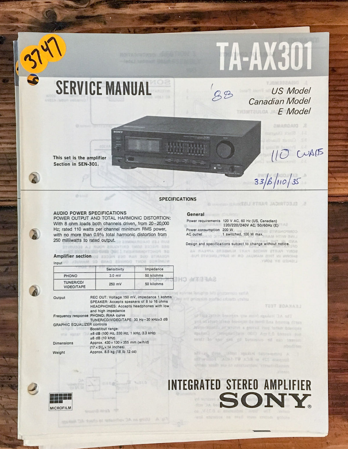 Sony TA-AX301 Amplifier Service Manual *Original*