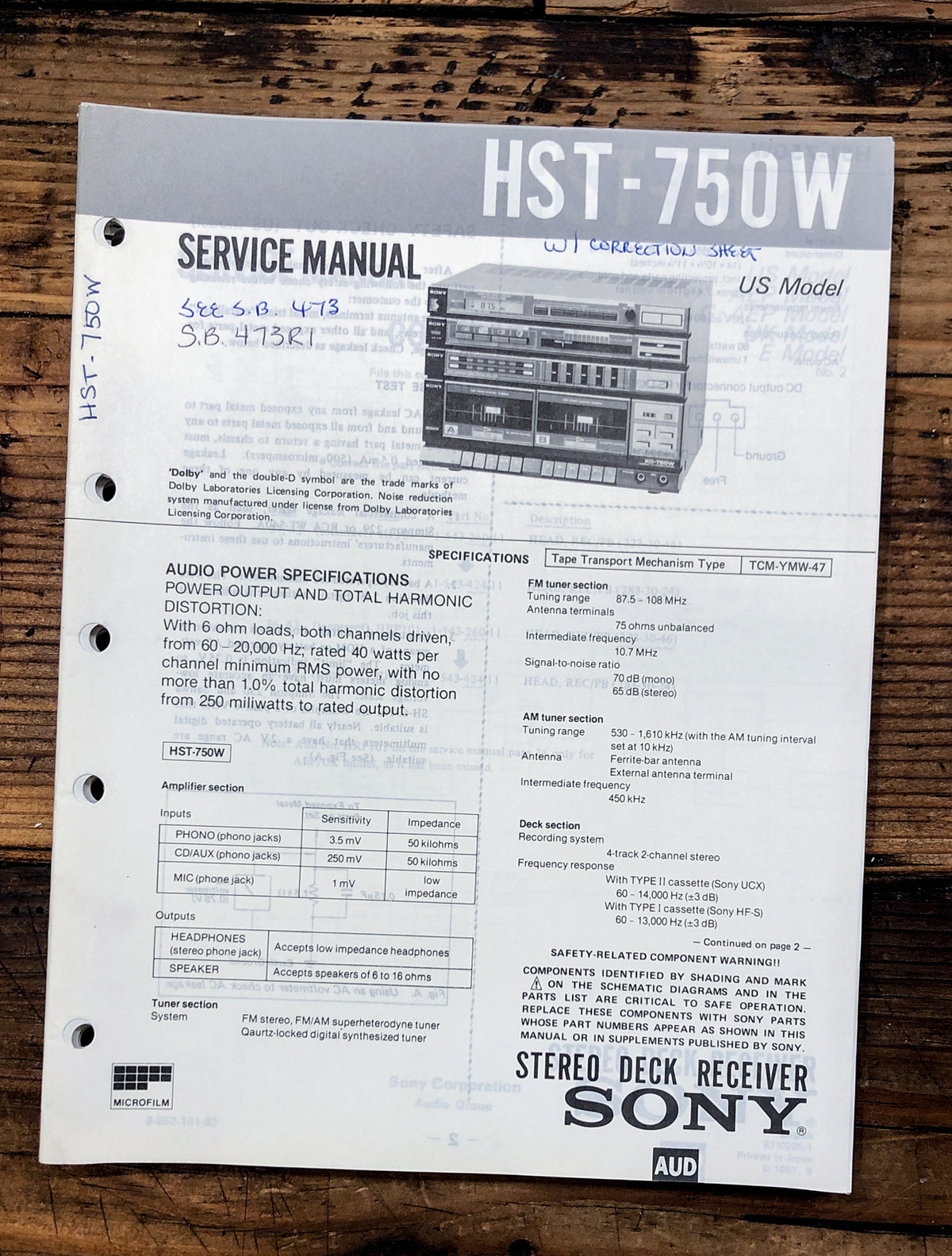 Sony HST-750W Stereo Service Manual *Original*