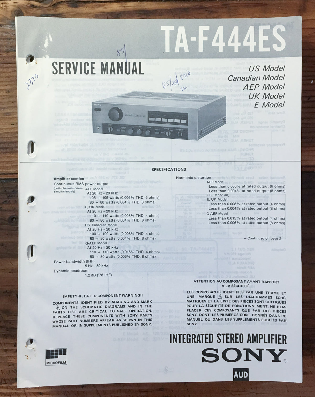 Sony TA-F444ES Amplifier Service Manual *Original*