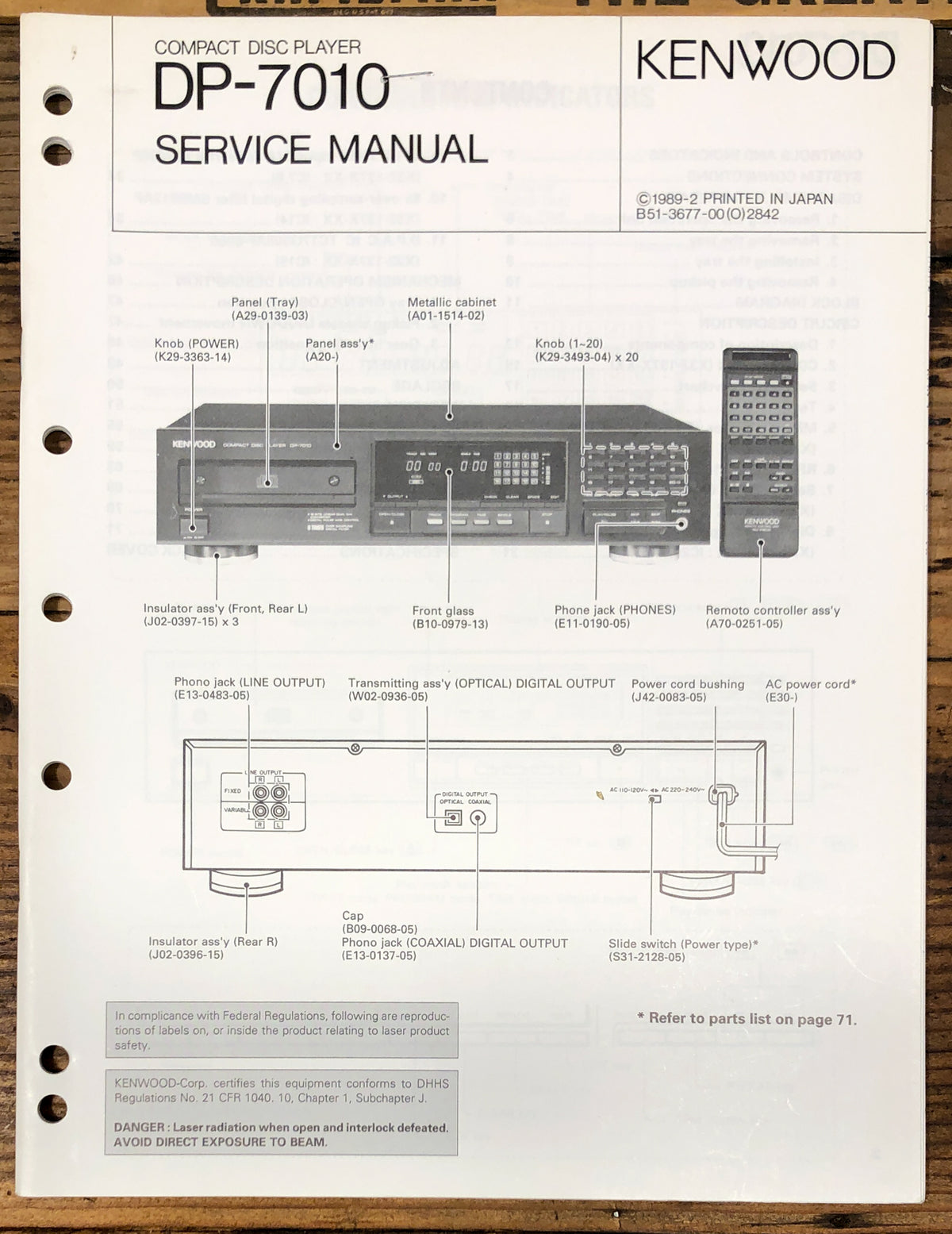 Kenwood DP-7010 CD Player Service Manual *Original*