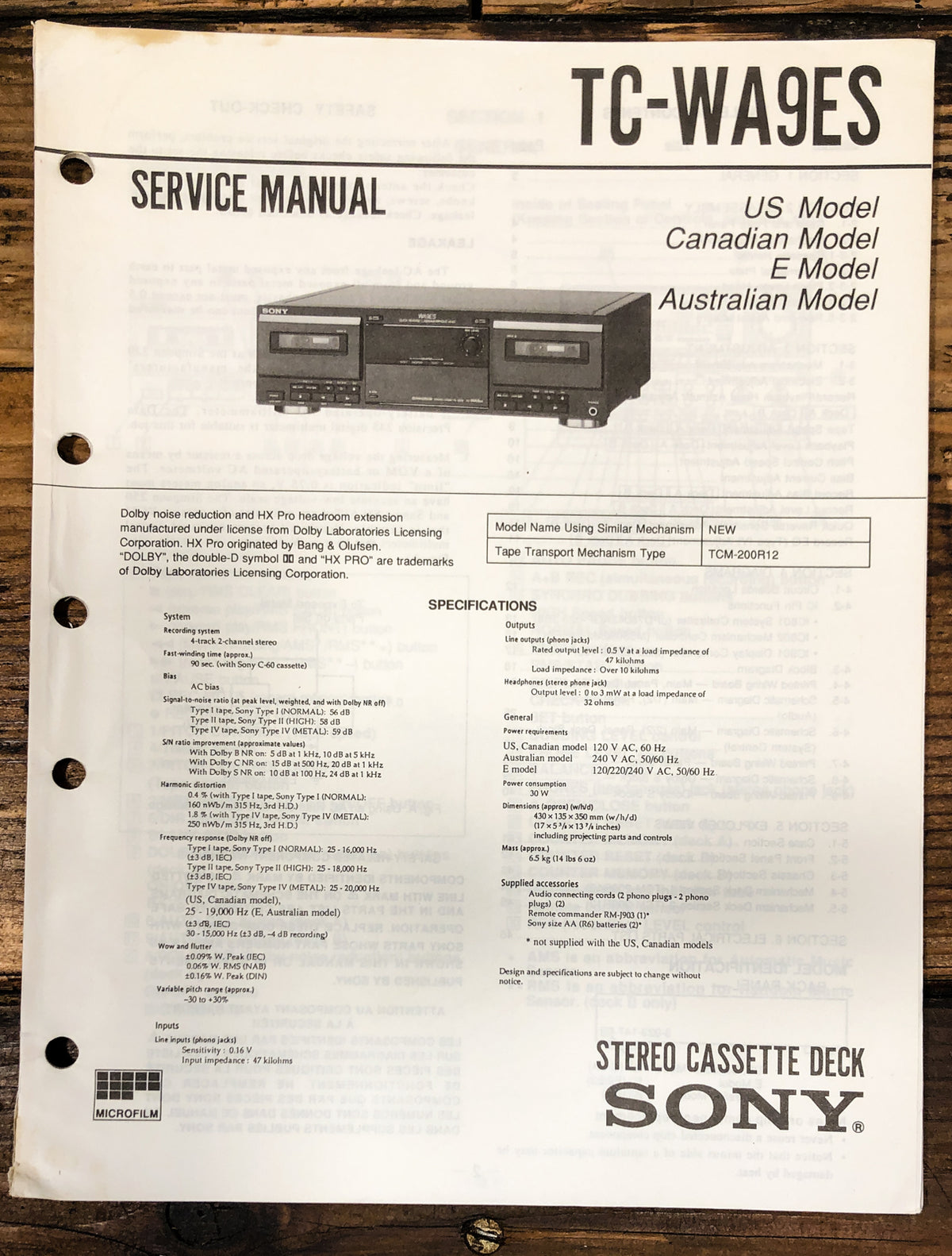 Sony TC-WA9ES Cassette Service Manual *Original*