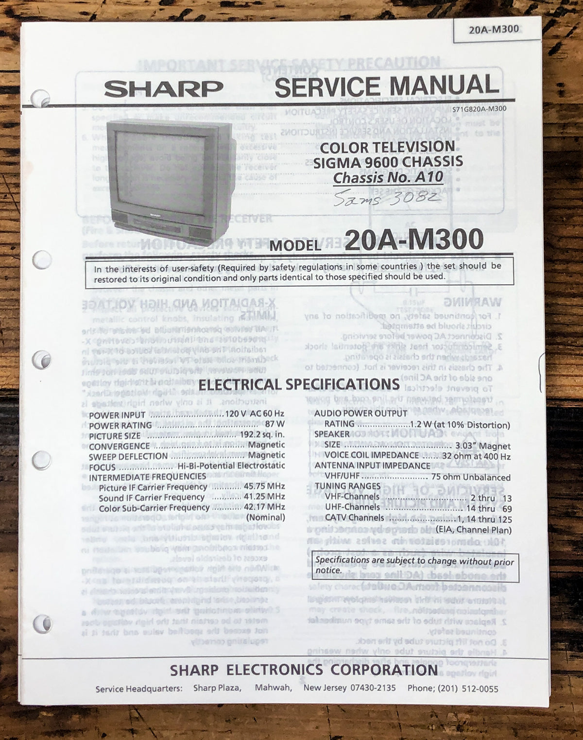 Sharp 20A-M300 TV / Television Service Manual *Original*