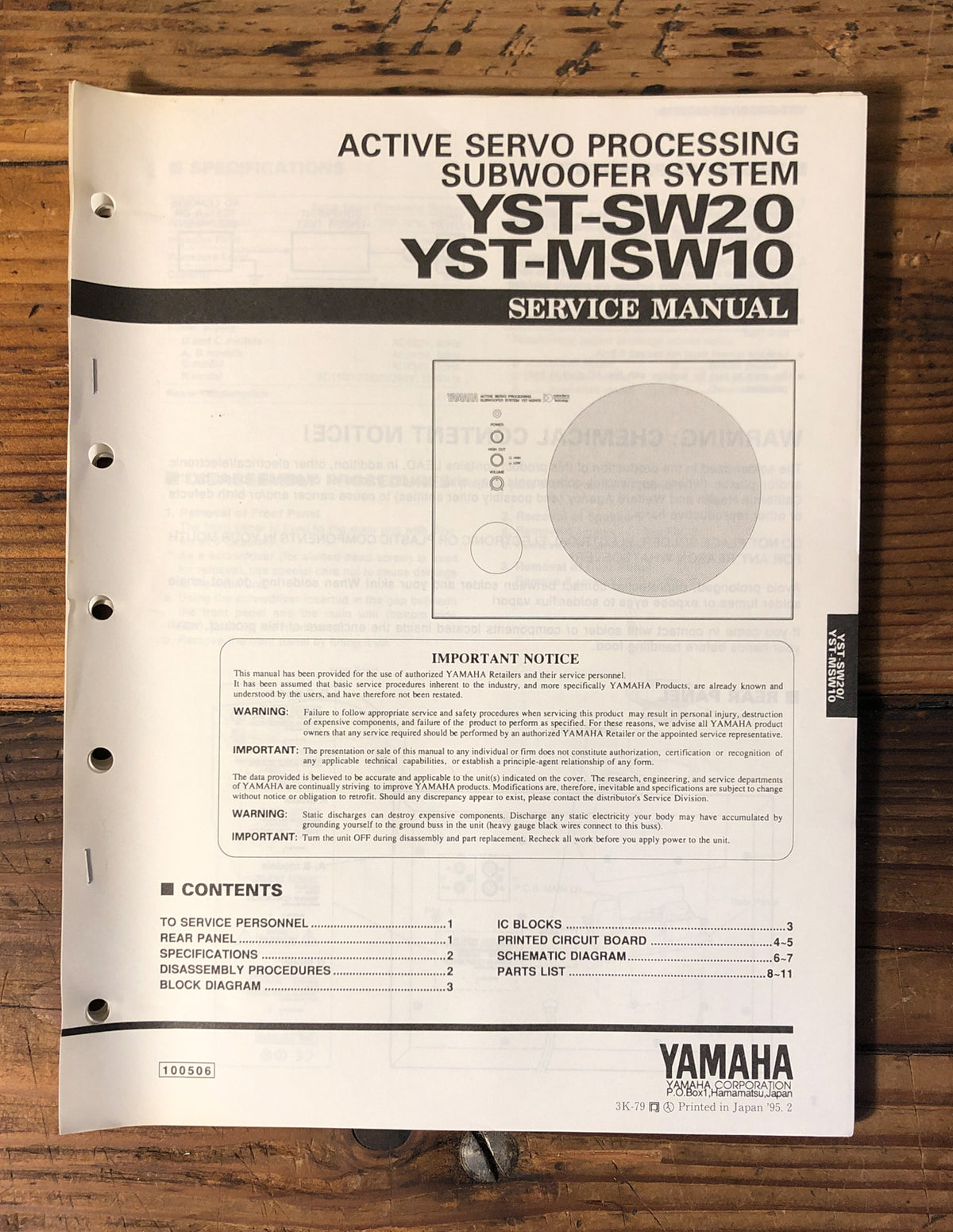 Yamaha YST-SW20 YST-MSW10 Subwoofer Service Manual *Original*