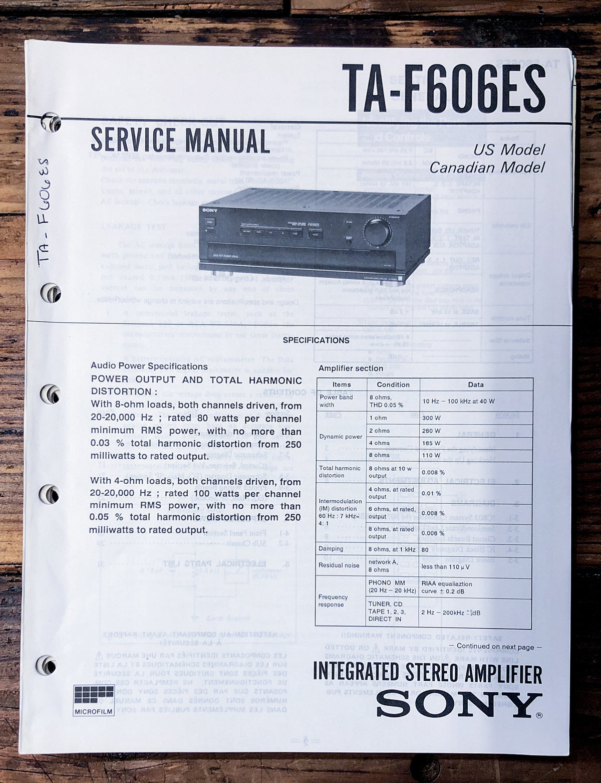 Sony TA-F606ES Amplifier Service Manual *Original*