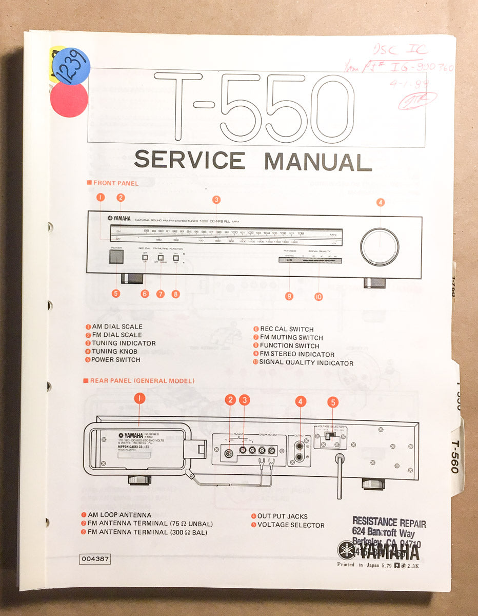 Yamaha T-550 Tuner Service Manual *Original*