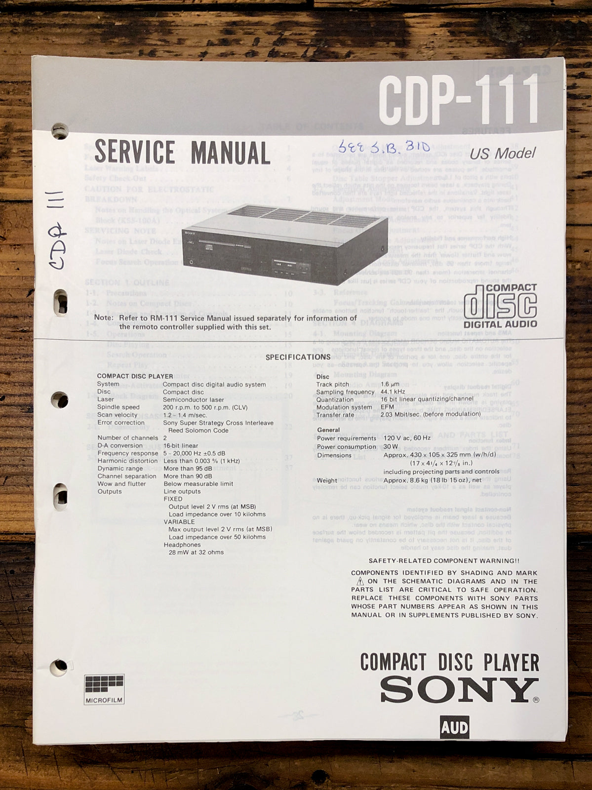 Sony CDP-111 CD Player Service Manual *Original*