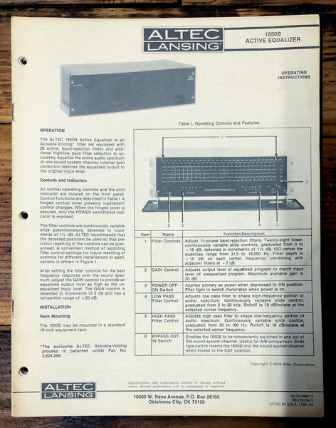 Altec Model 1650B Equalizer  Owners Manual & Schematic *Orig*
