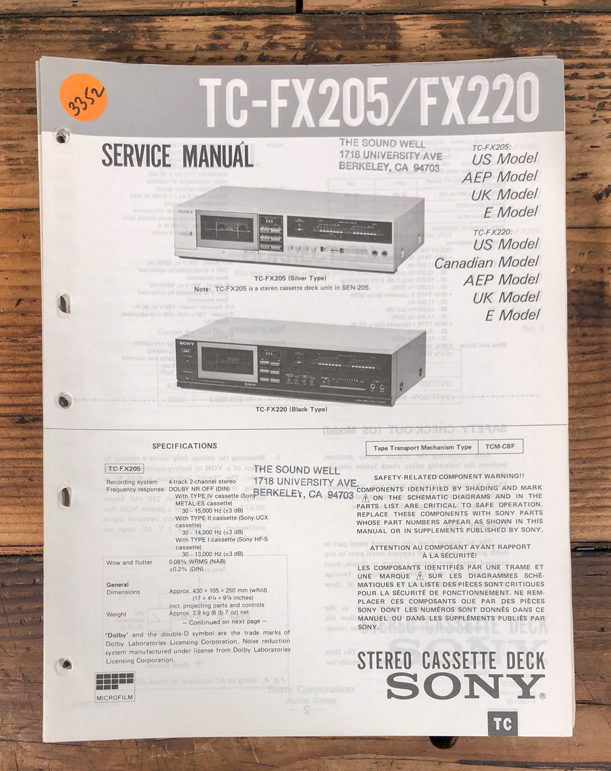 Sony TC-FX205 TC-FX220 Cassette Service Manual *Original*