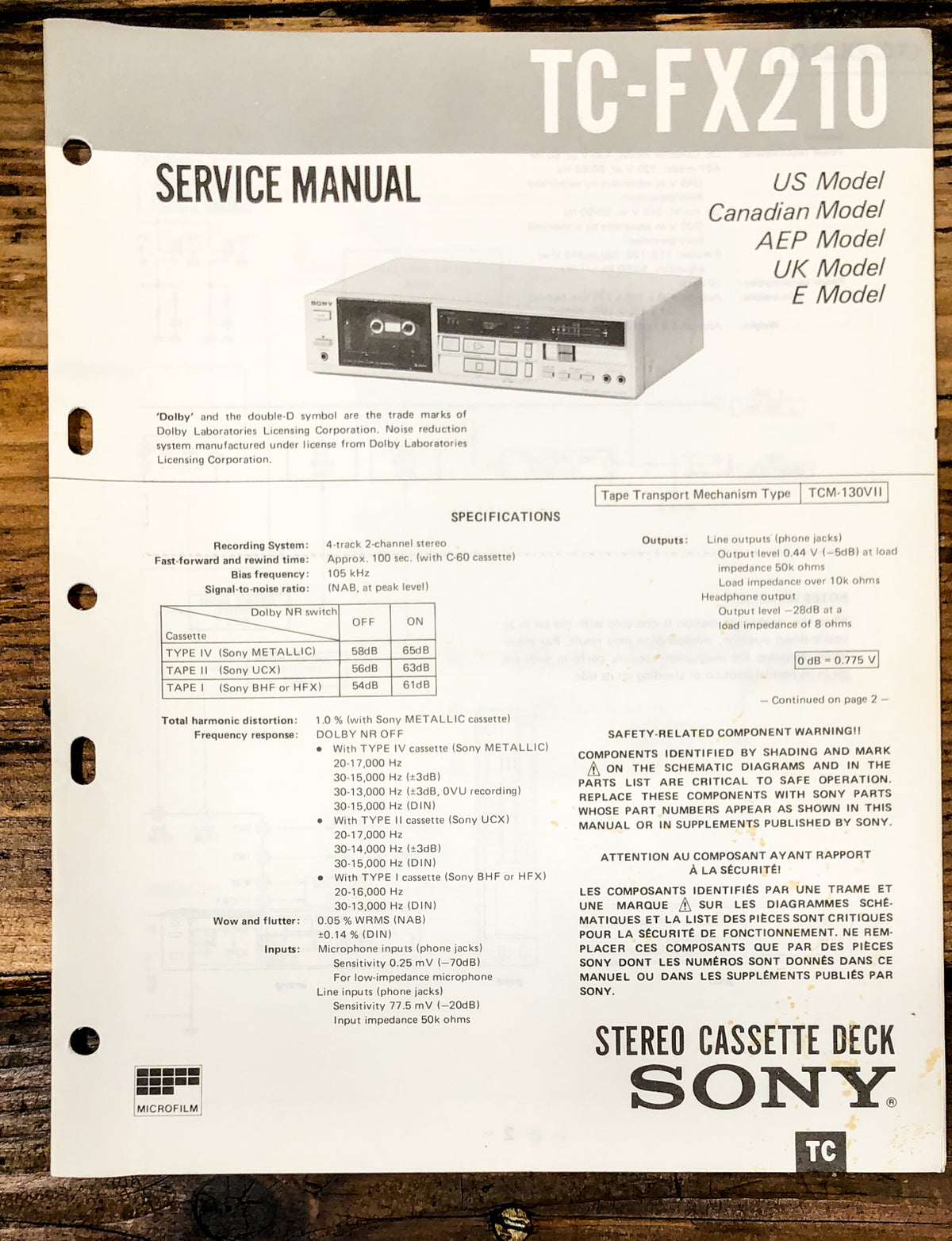 Sony TC-FX210 Cassette Service Manual *Original*