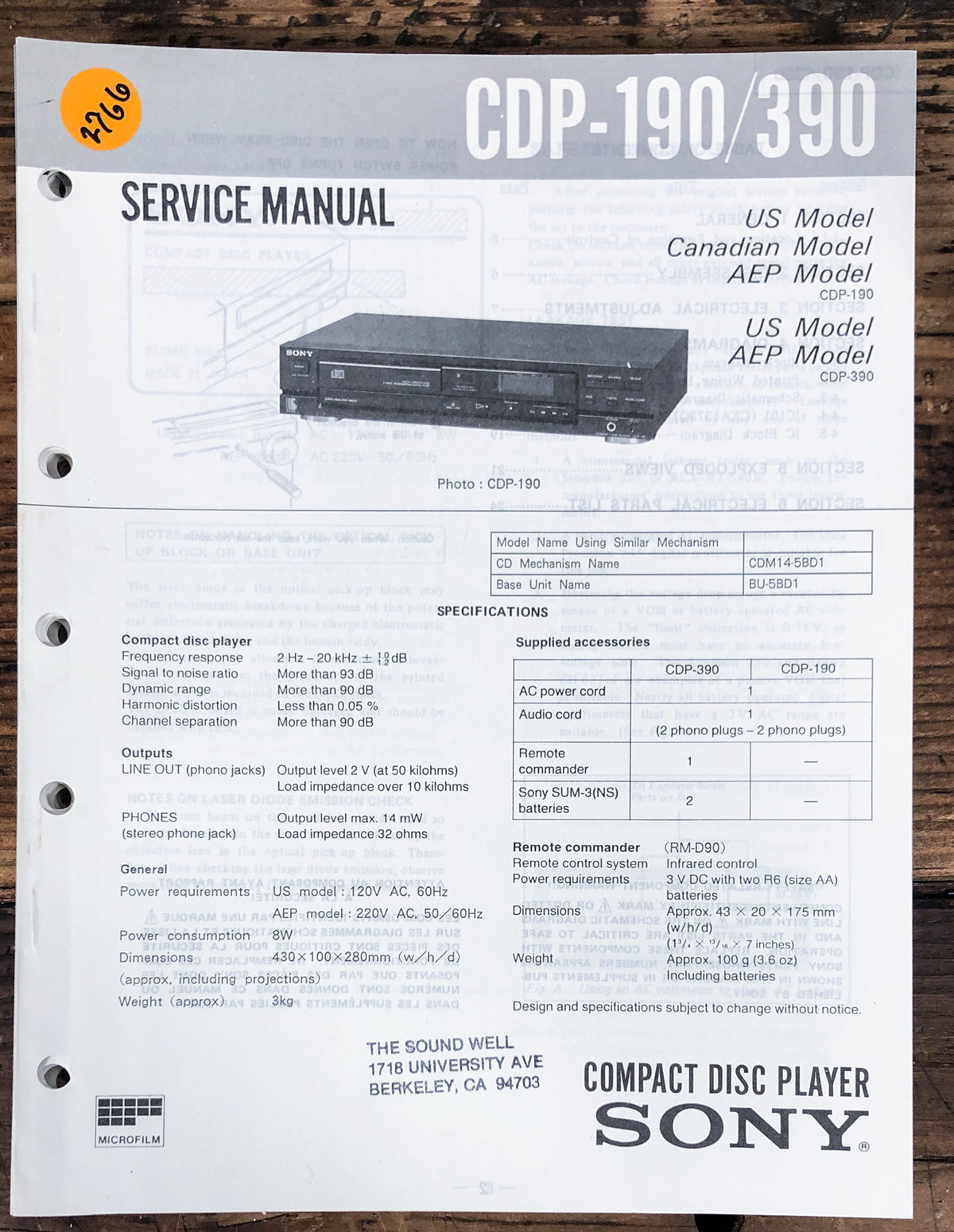 Sony CDP-190 CDP-390 CD Player Service Manual *Original*