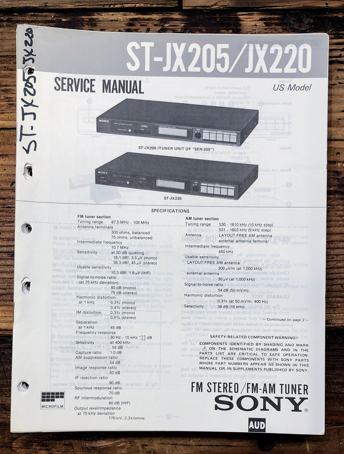 Sony ST-JX205 ST-JX220 Tuner Service Manual *Original*
