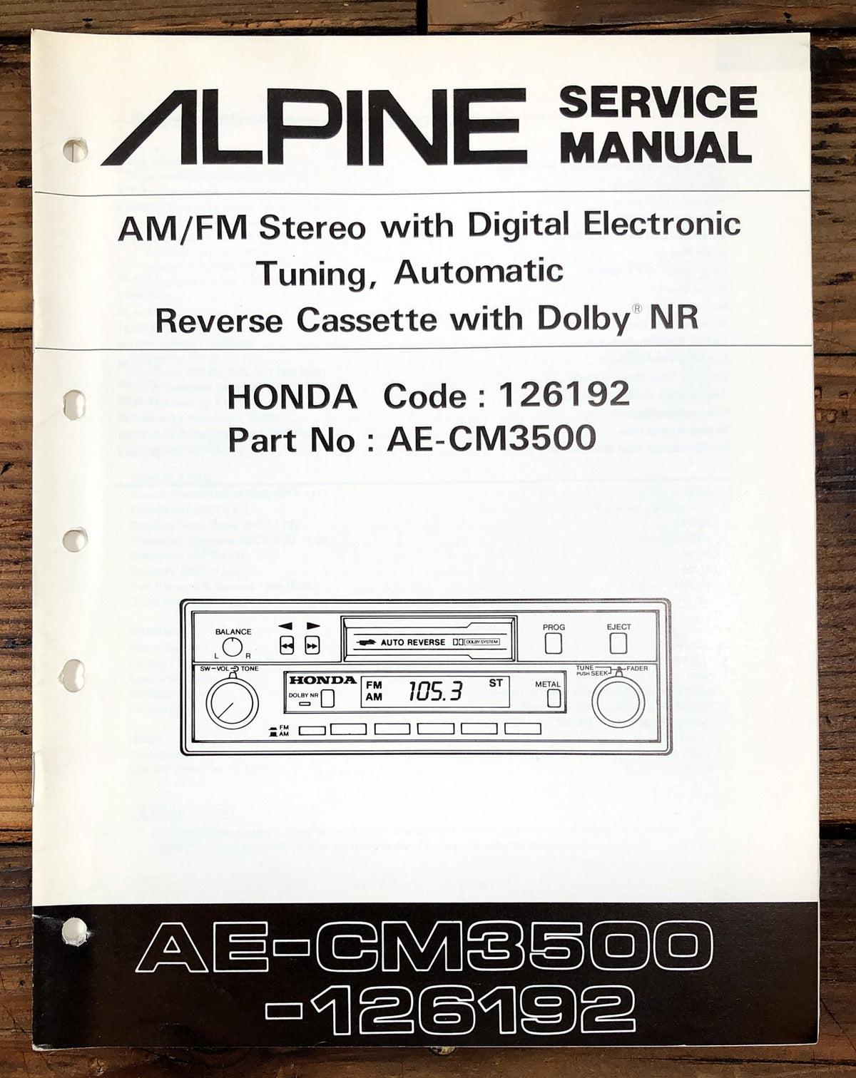 Alpine AE-CM3500 126192 AM/FM Stereo Cassette Service Manual *Original*