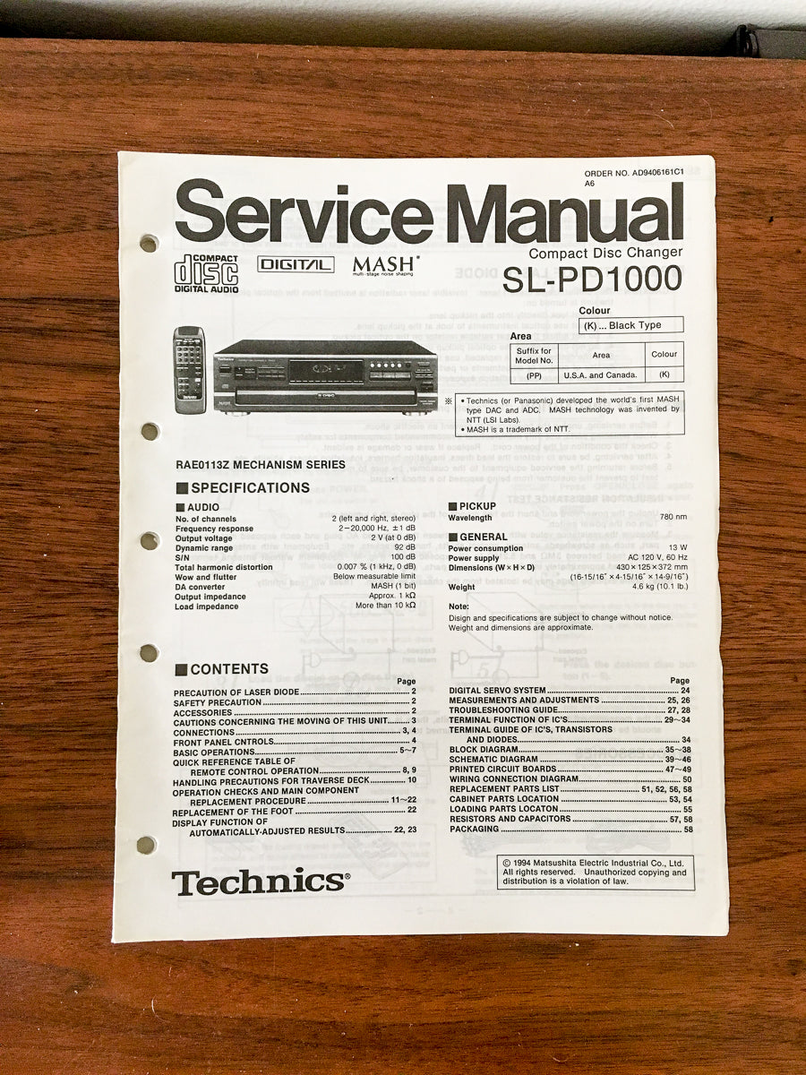 Panasonic SL-PD1000 CD Player Service Manual *Original*
