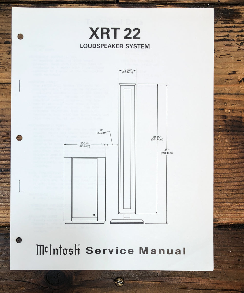 McIntosh XRT22 XRT-22 Speaker Service Manual *Original*