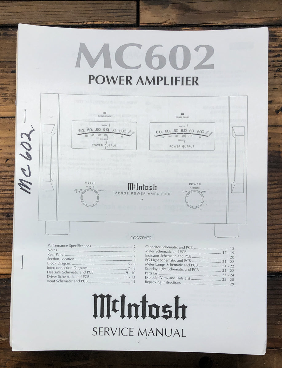 McIntosh MC602 MC-02 Amplifier Service Manual *Original*