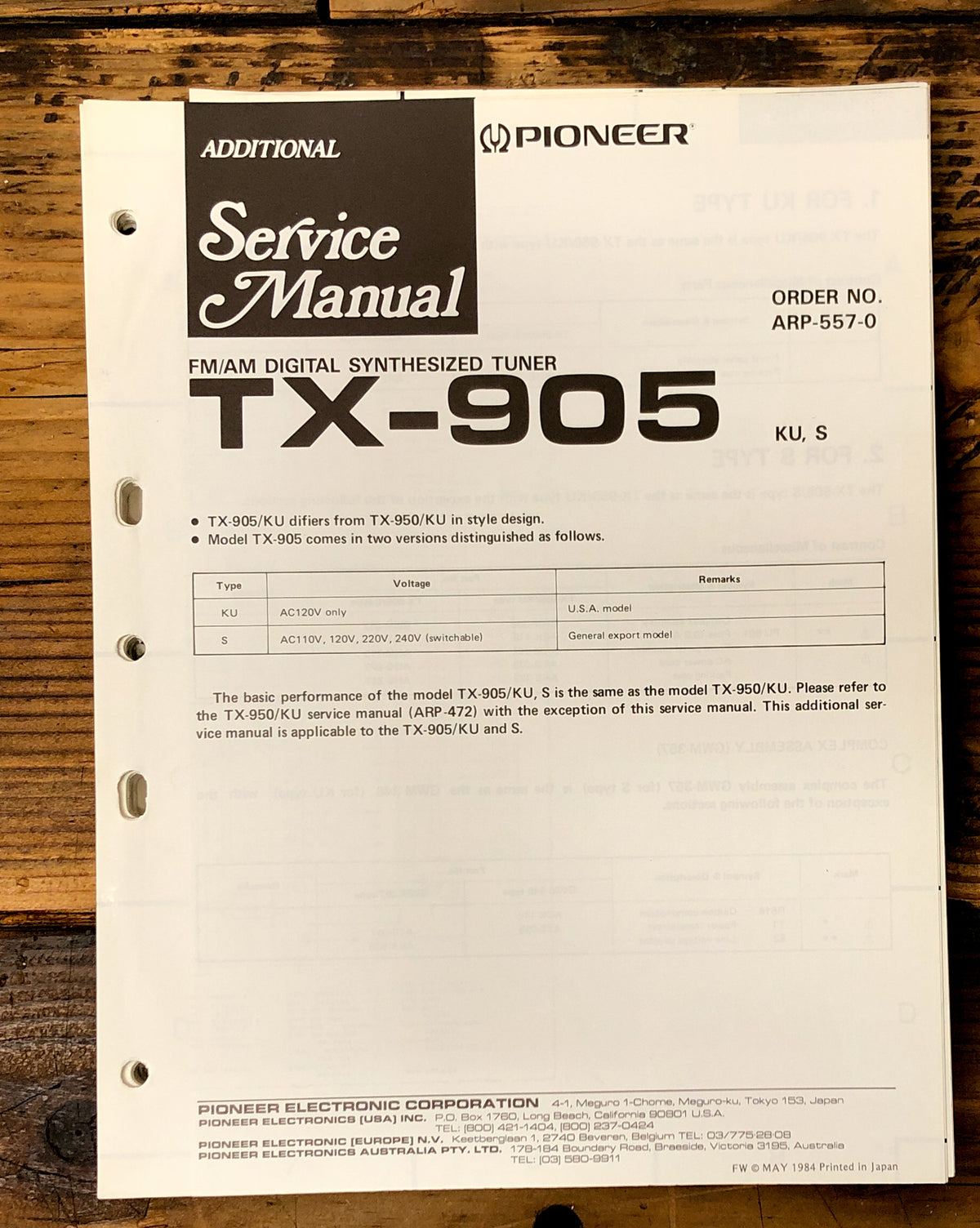 Pioneer TX-905 Tuner Add. Service Manual *Original*