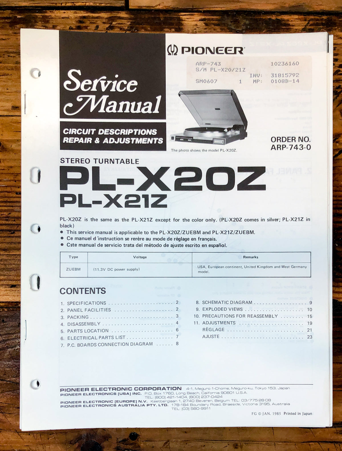 Pioneer PL-X20Z PL-X21Z Record Player / Turntable Service Manual *Original*