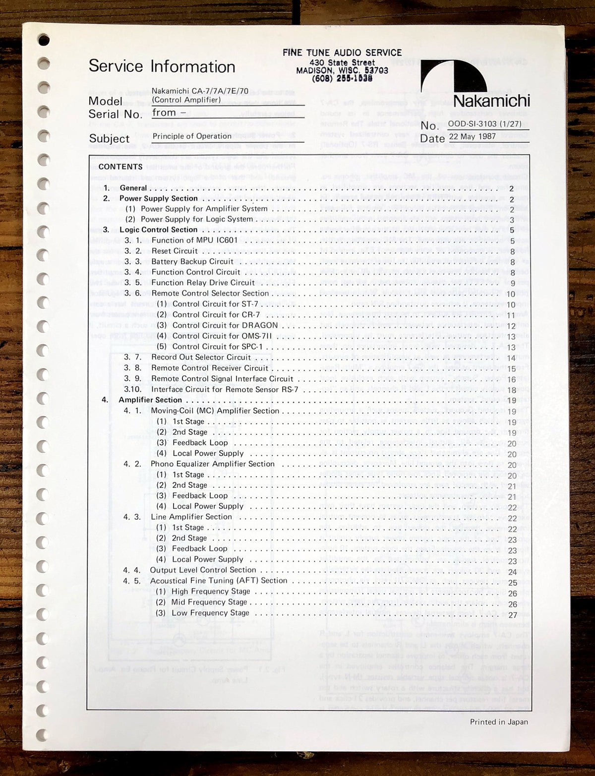 Nakamichi CA-7A Control Amplifier Supp. Service Manual *Original*