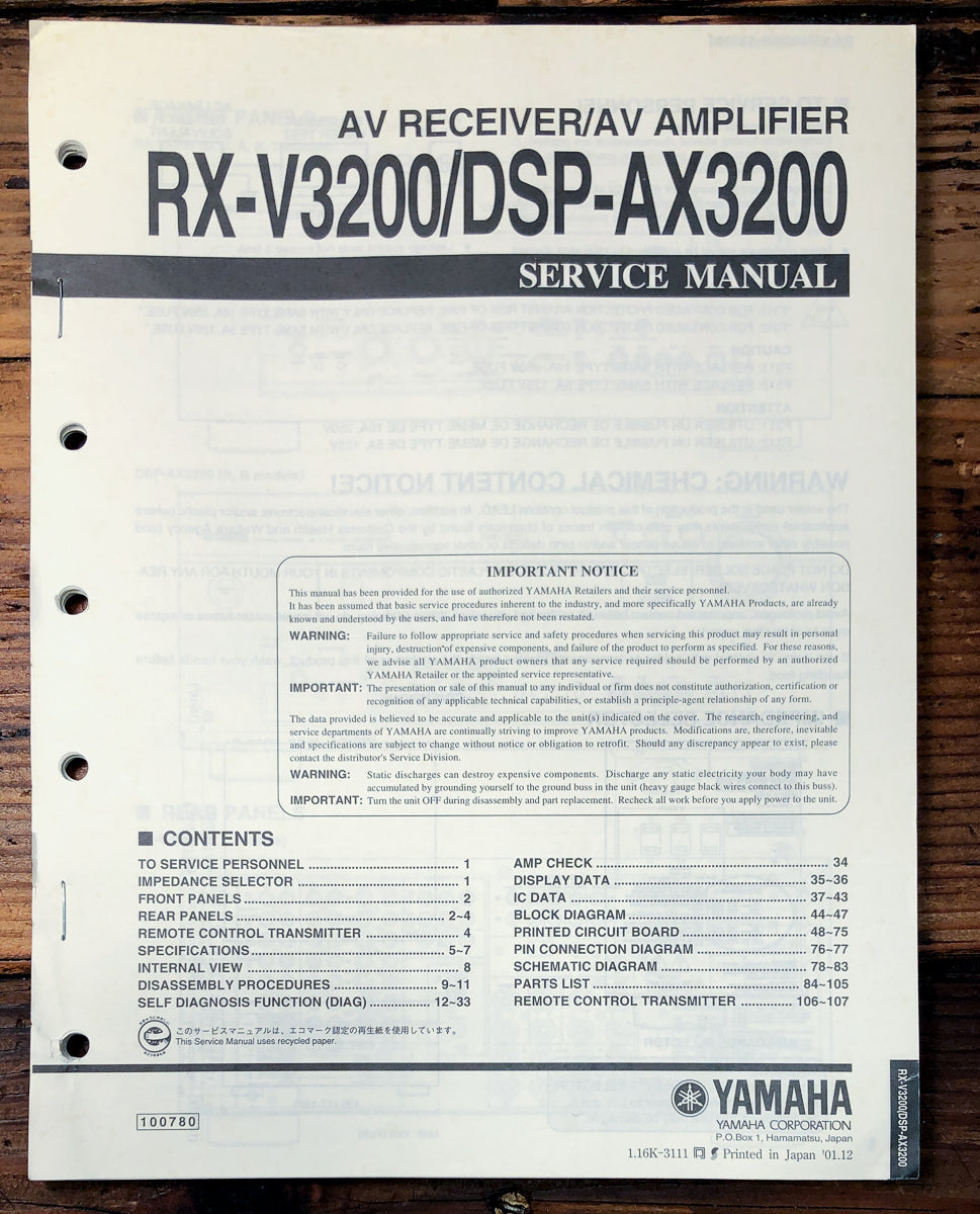 Yamaha RX-V3200 DSP-AX3200 Receiver Service Manual *Original*