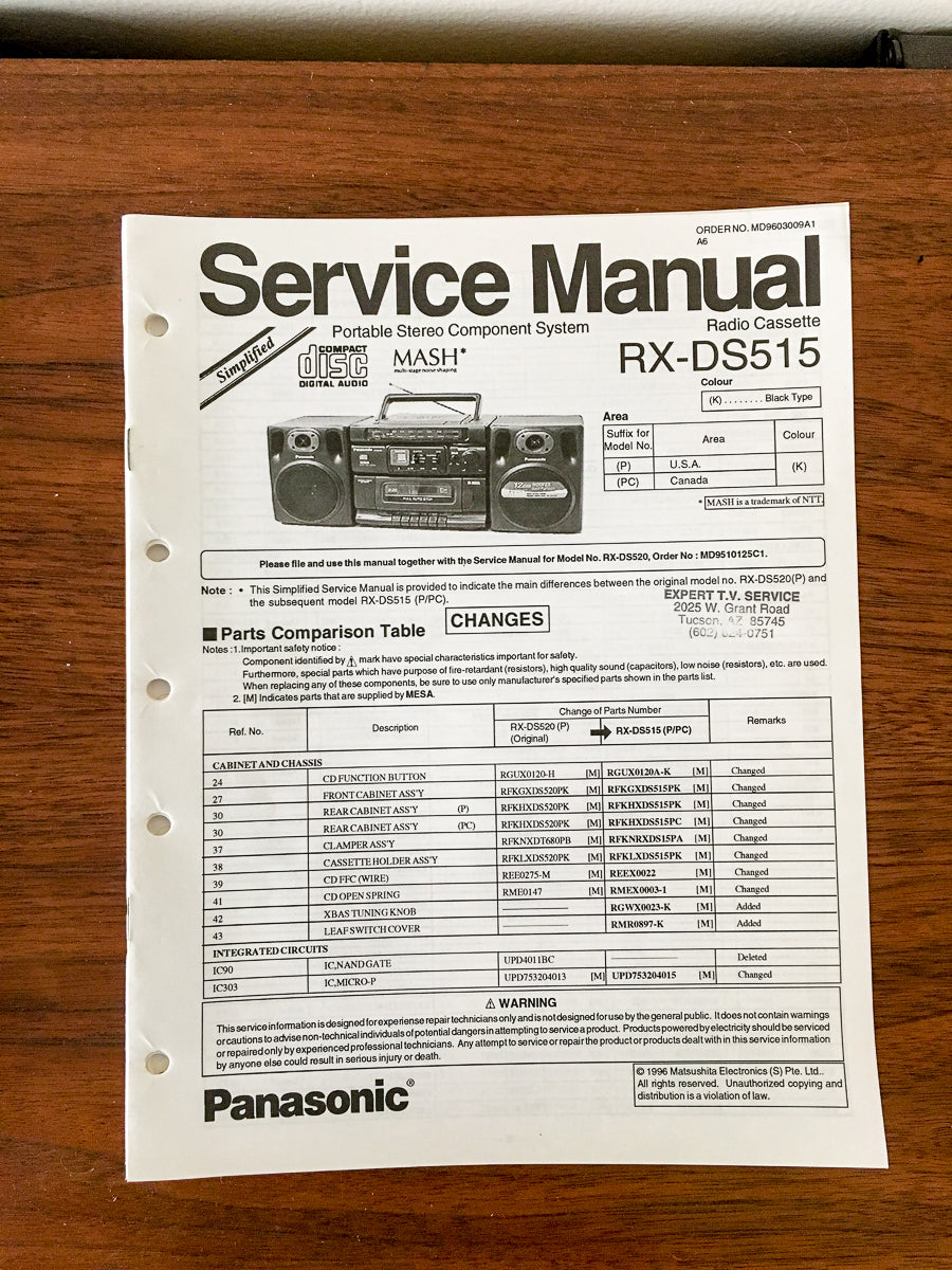 Panasonic RX-DS515 Radio Cassette Service Manual *Original*