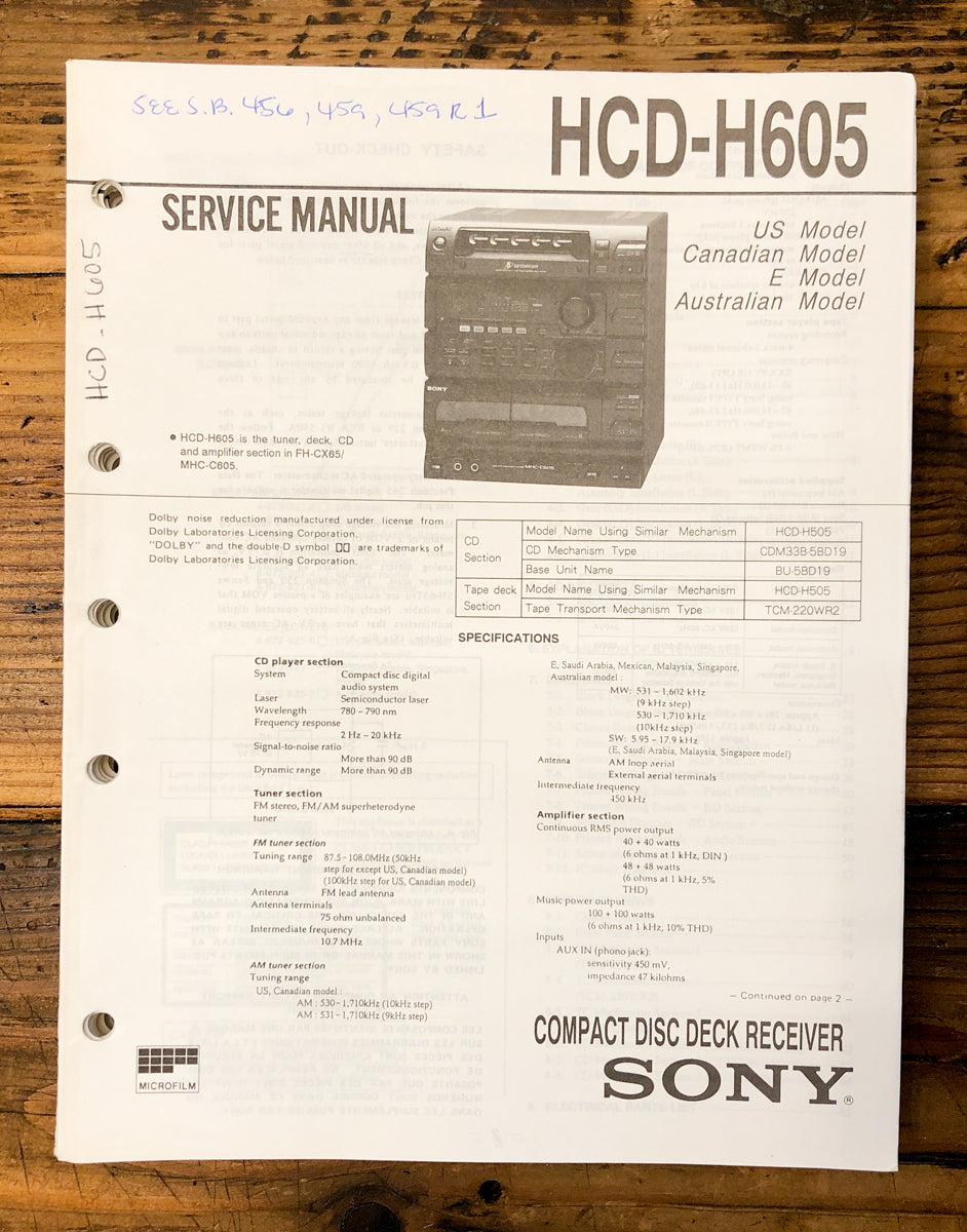 Sony HCD-H605 Stereo Service Manual *Original*