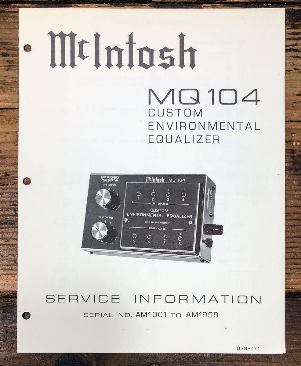 McIntosh MQ-104 MQ104 Equalizer AM1001 to AM1999 Service Manual *Original*