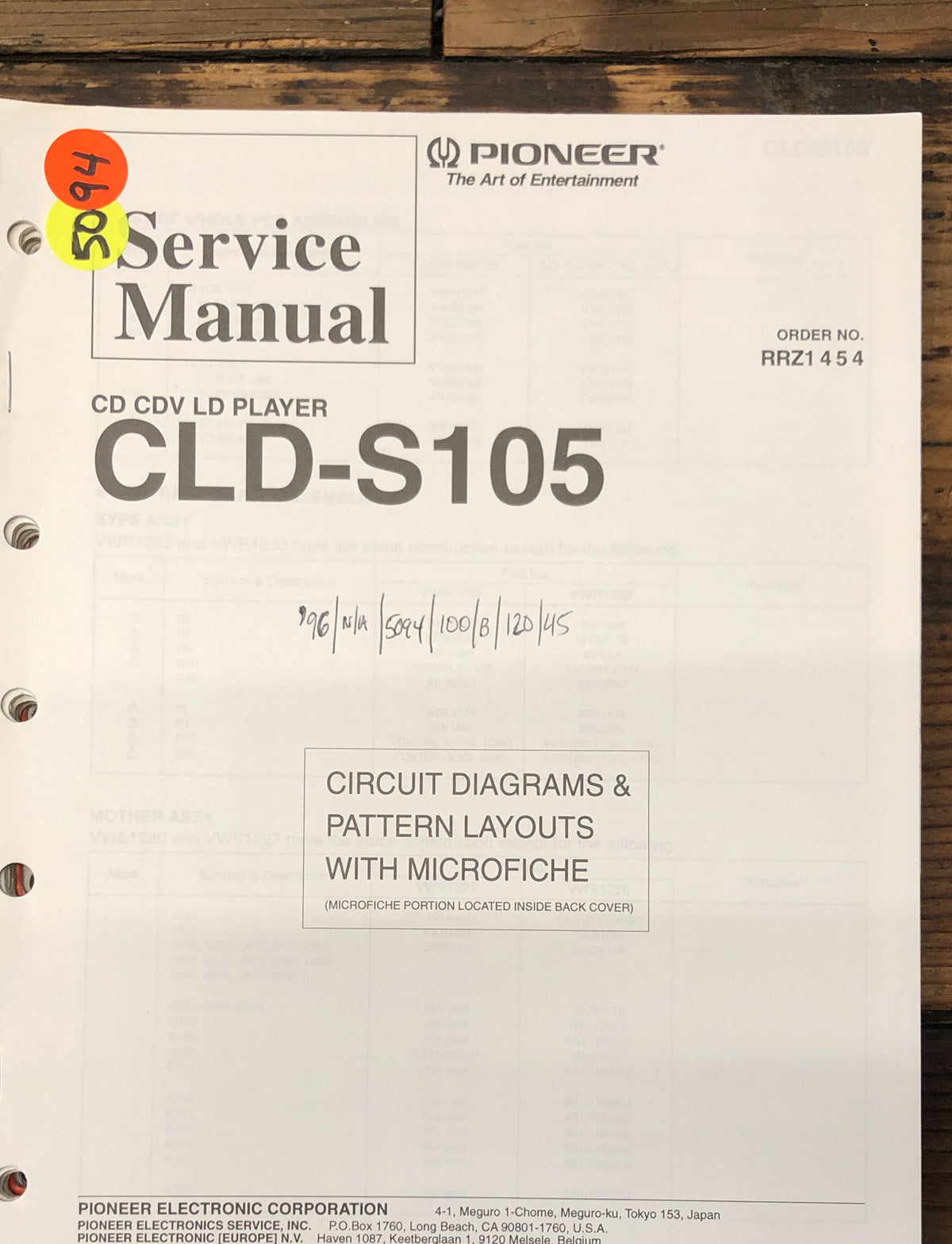 Pioneer CLD-S105 CD CDV LD Player Service Manual *Original*