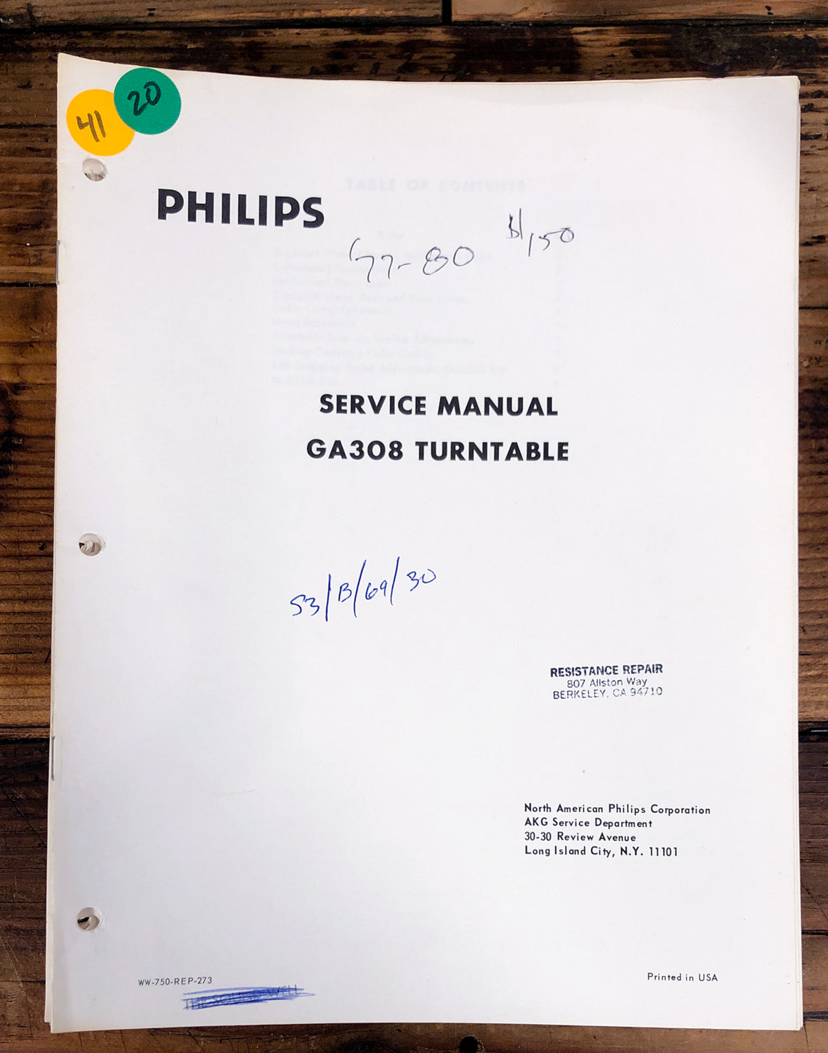Philips GA 308 GA308 Record Player / Turntable Service Manual *Original*