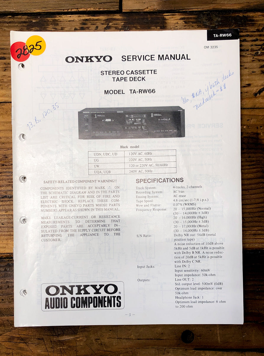 Onkyo TA-RW66 Cassette Service Manual *Original*