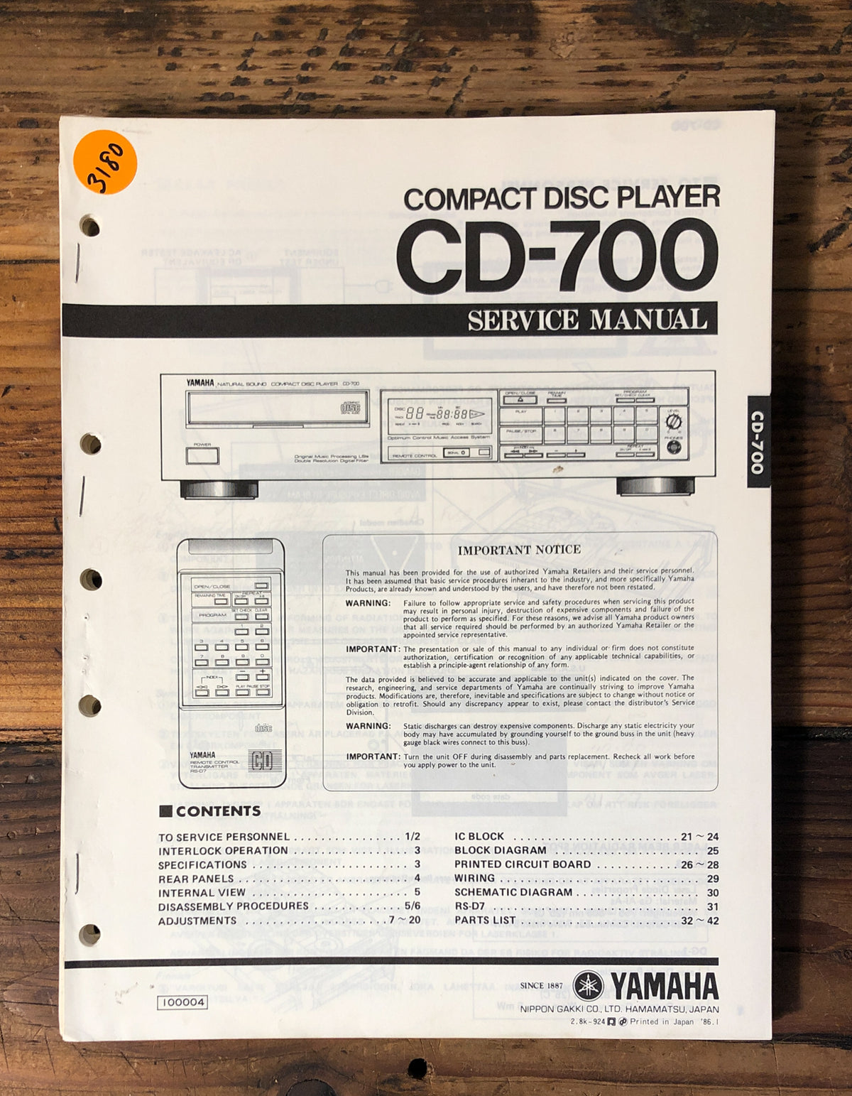 Yamaha CD-700 CD Player Service Manual *Original*