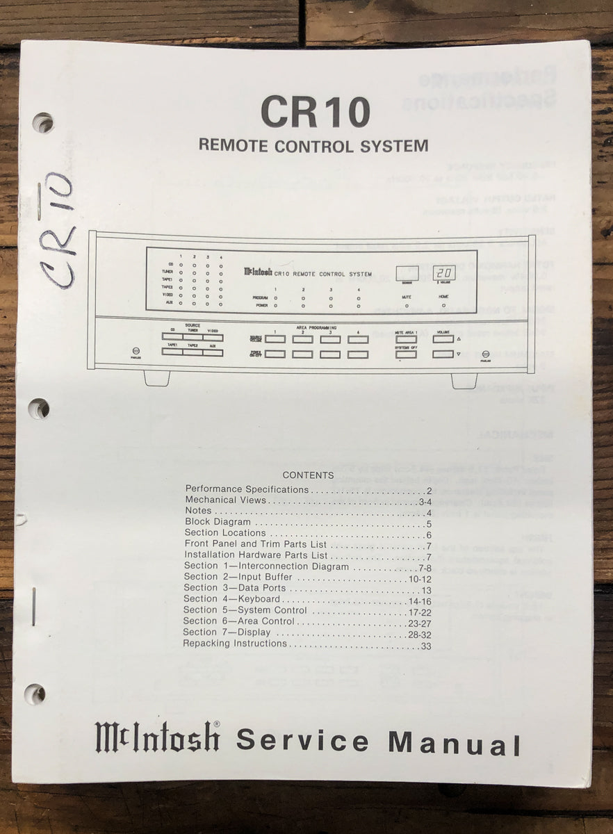 McIntosh CR10 CR-10 Remote Control Center Service Manual *Original*