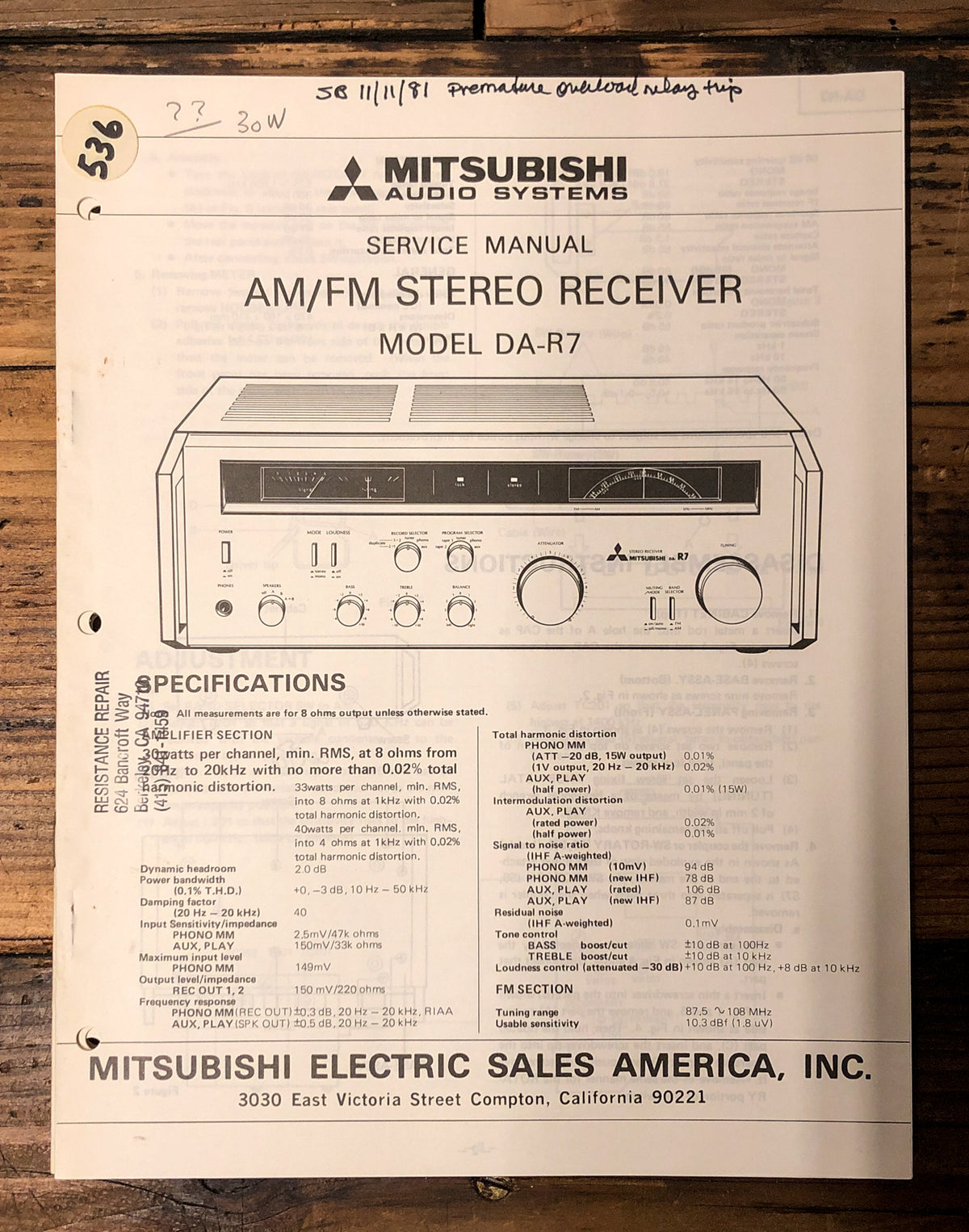 Mitsubishi DA-R7 Receiver Service Manual *Original*