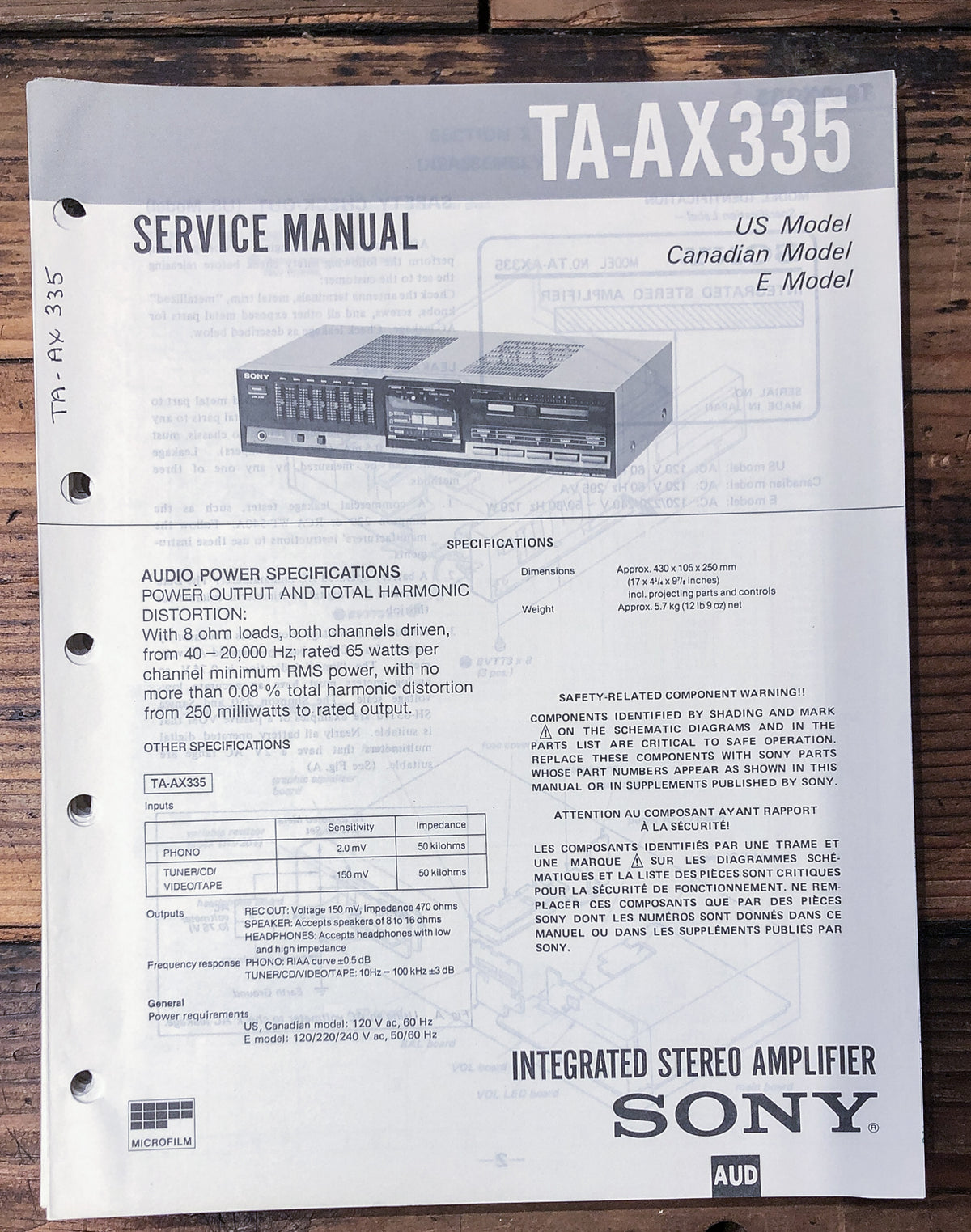 Sony TA-AX335 Amplifier Service Manual *Original*
