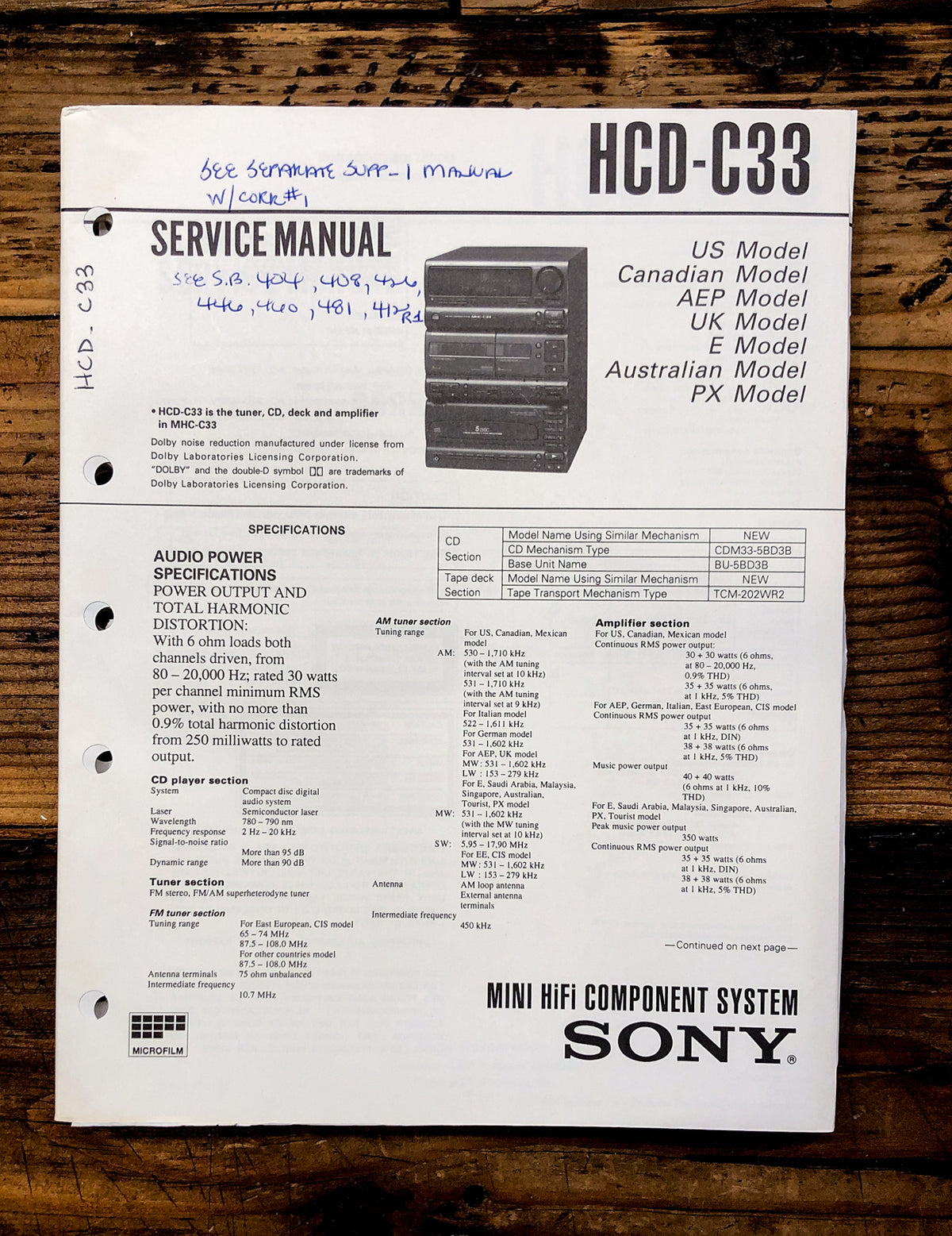 Sony HCD-C33 Stereo Service Manual *Original*