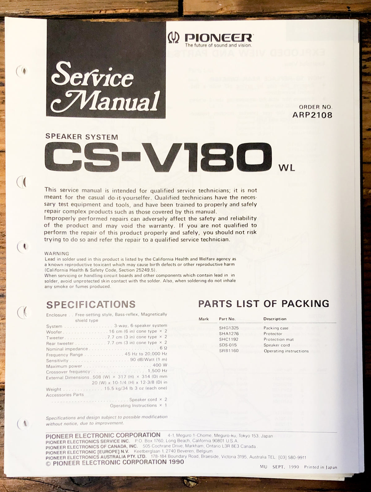 Pioneer CS-V180 Speaker Service Manual *Original*