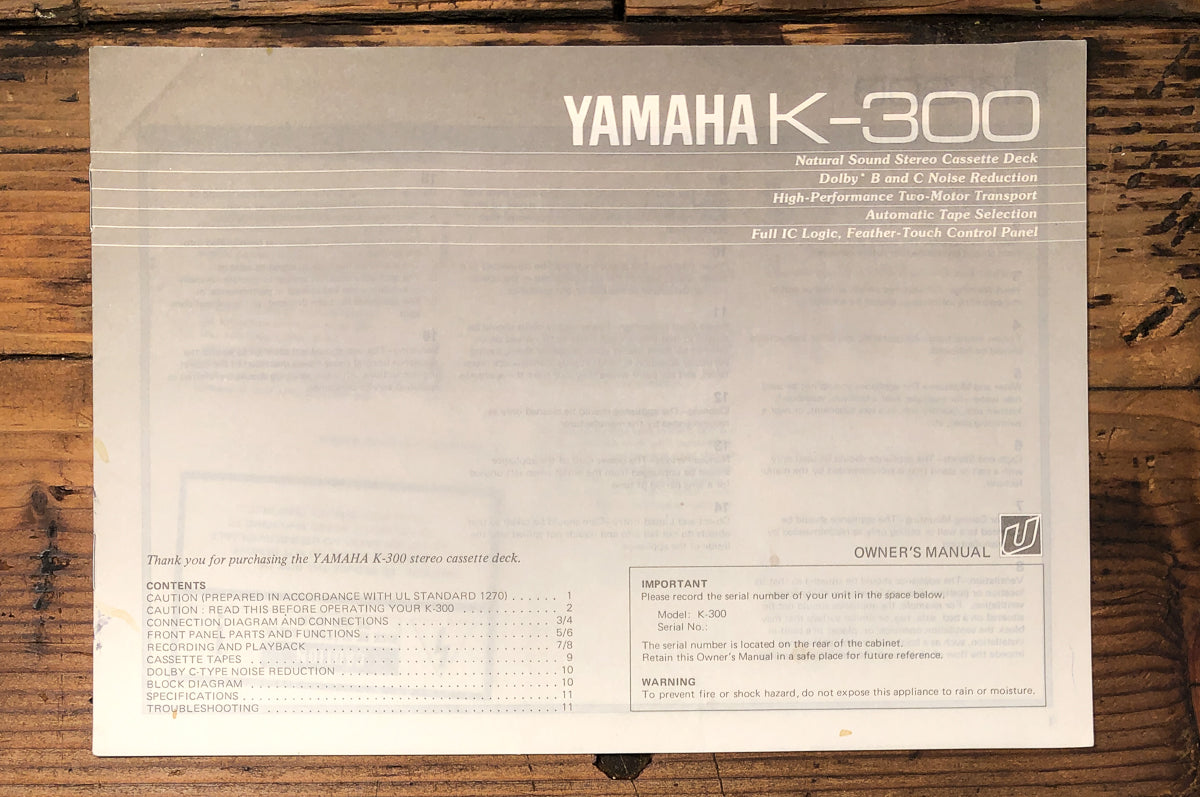 Yamaha K-300 Cassette Owners / User Manual *Original*