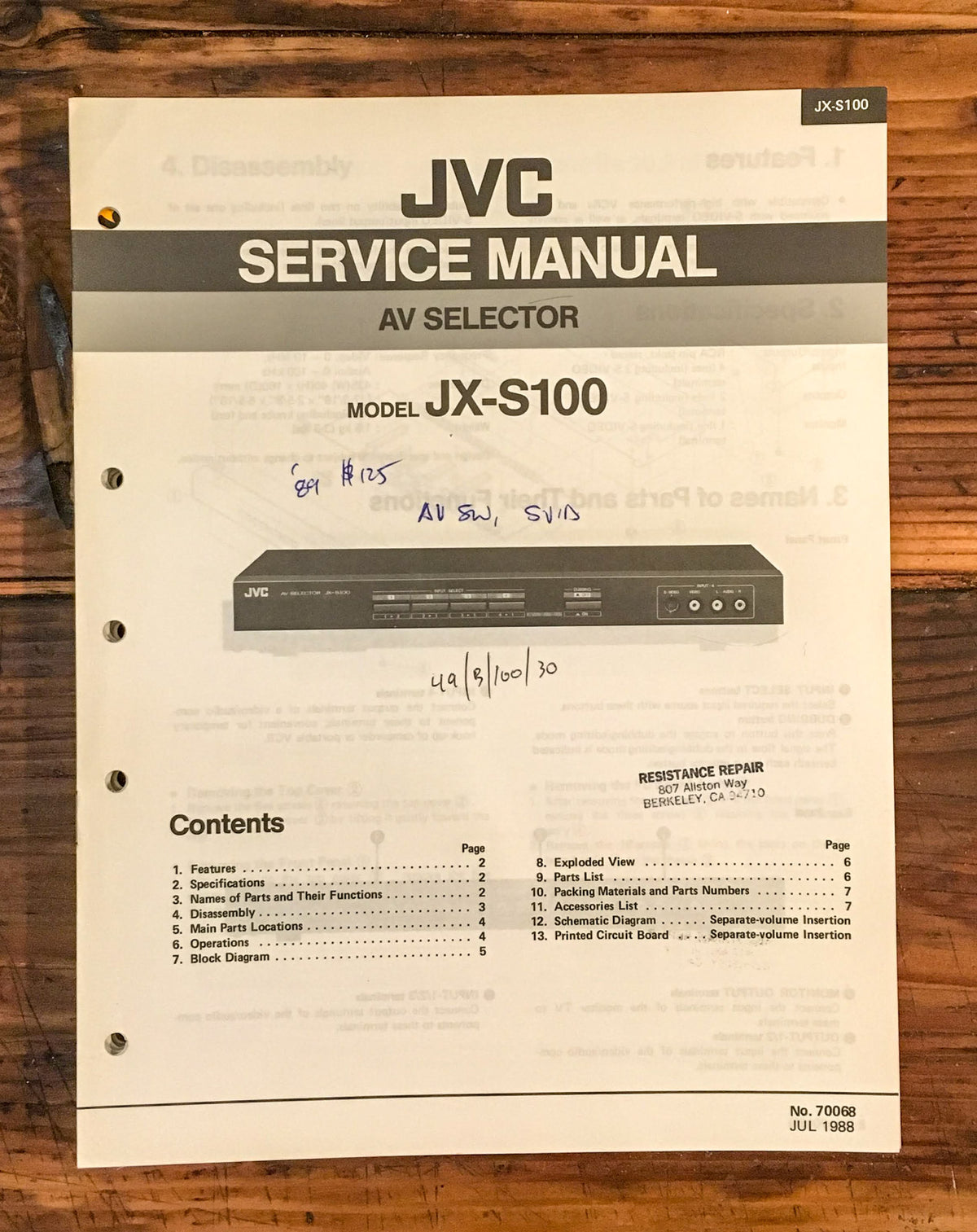 JVC JX-S100 AV Selector Service Manual *Original*