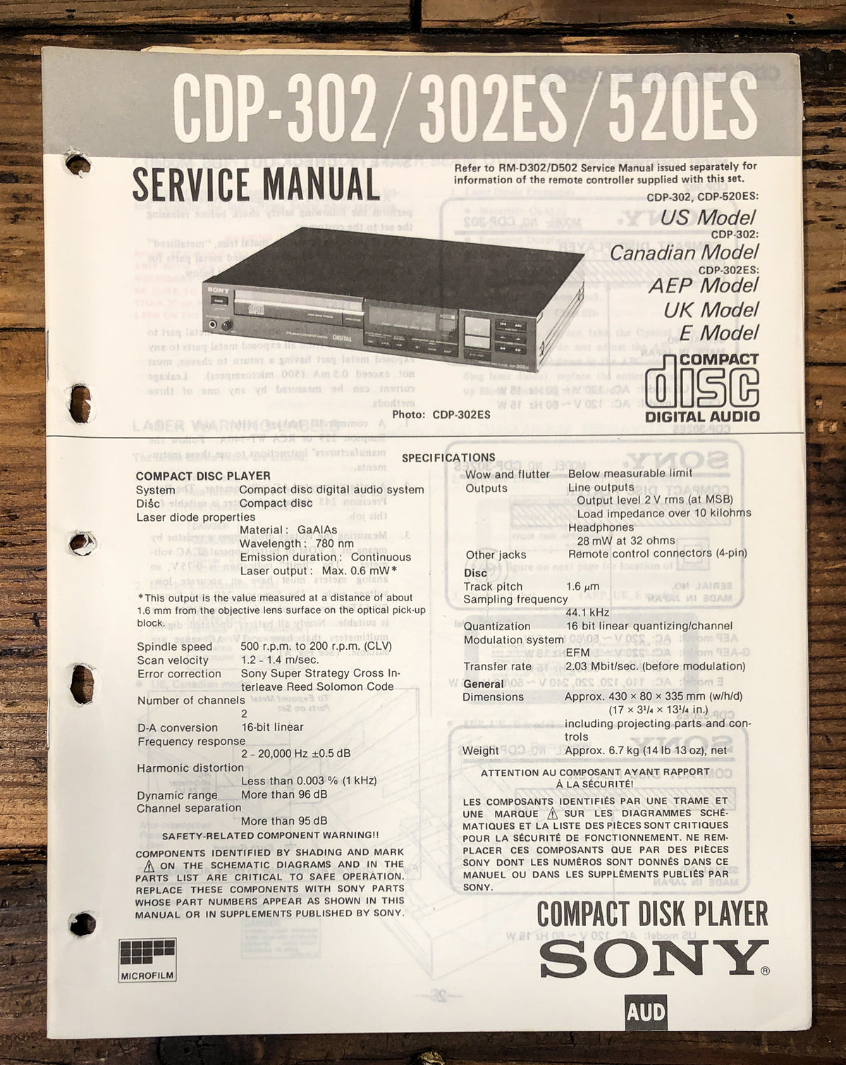 Sony CDP-302 CDP-302ES CDP-520ES CD Player Service Manual *Original*