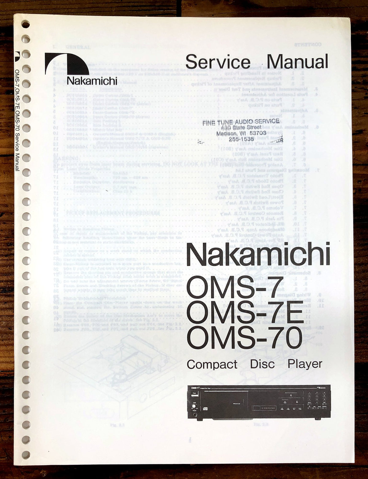 Nakamichi OMS-7 OMS-7E OMS-70 Compact Disc Player Service Manual *Original*